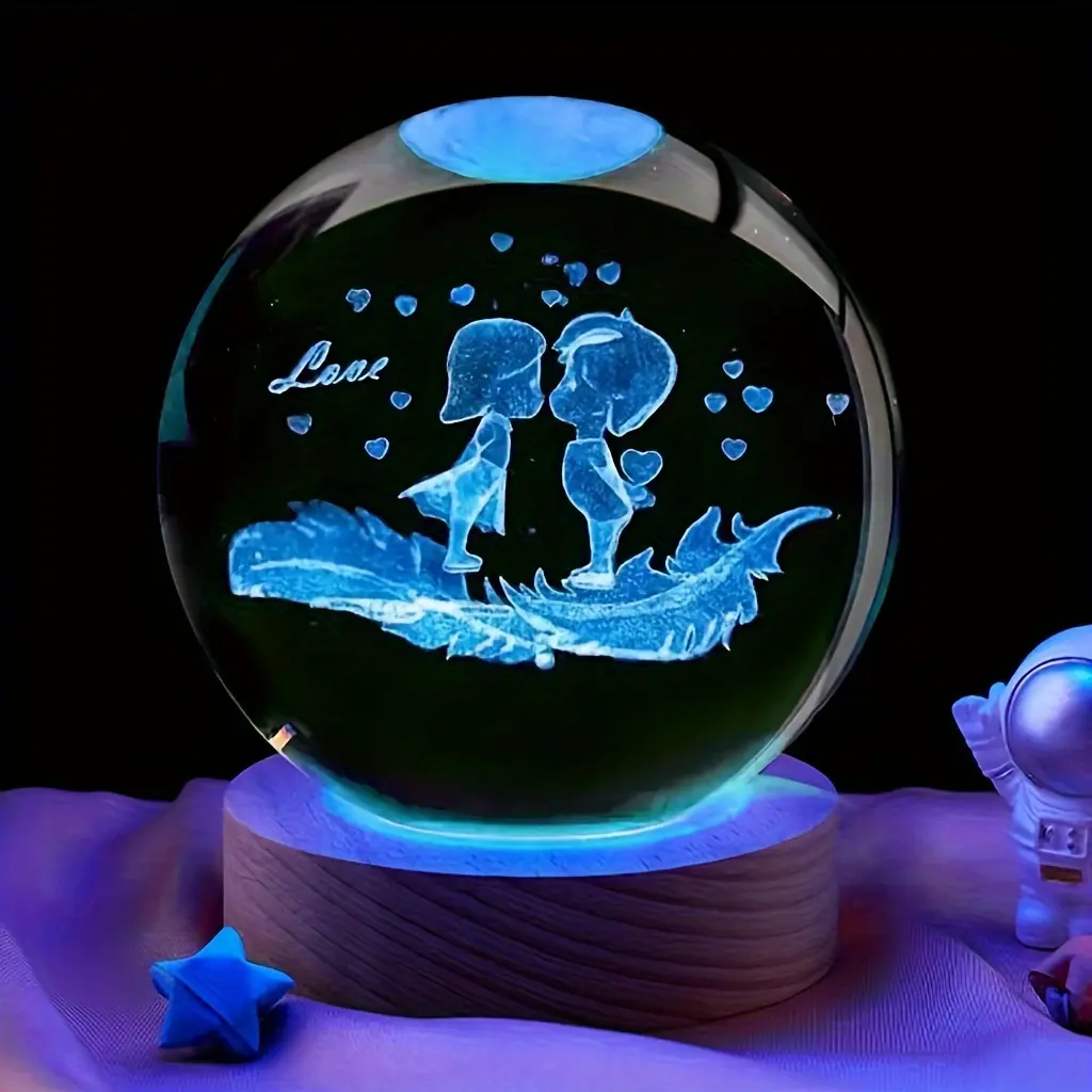 1pc Romantic 3D Glass Crystal Ball Figurine with Engraved Wooden Stand, Compact Decorative Collectible, No-Electricity Home Decor, Valentine's Day Gift, Love Theme