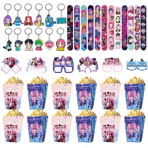 Korean cartoon girl group birthday party gift set of 4, specially for party favors, includes 12 bracelets, 12 keychains, 12 popcorn boxes, 12 eco-friendly party glasses, so that everyone has a personalized gift, the best choice for a party