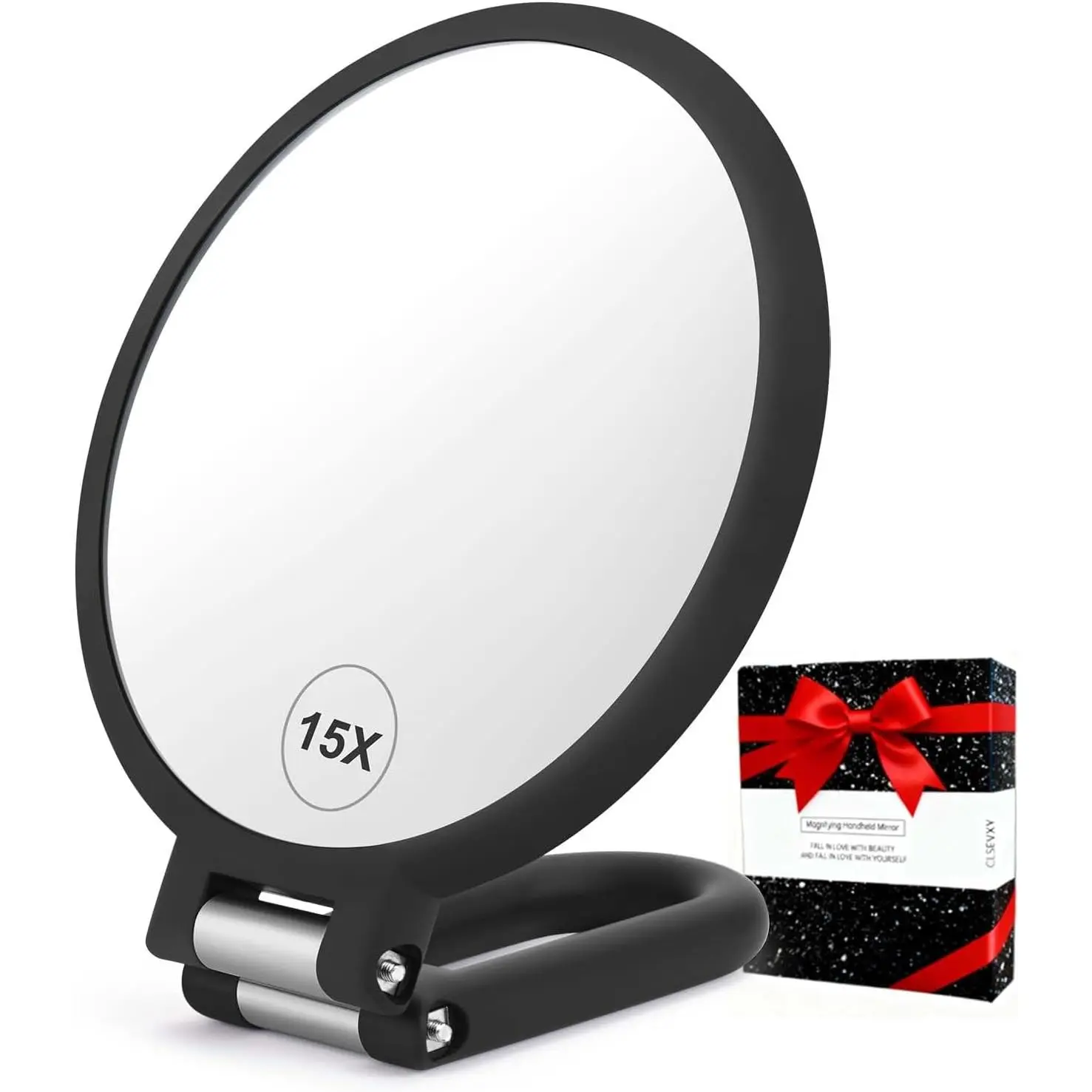 Magnifying Handheld Mirror Double Sided, 1X 15X Magnification Hand Mirrors, Travel Folding Hand Held Mirror, 360°Rotation Pedestal Makeup Vanity Mirror
