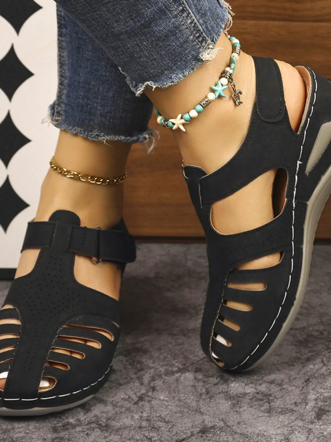 New Women's Hollow Out Velcro Wedge Backless Casual Summer Sandals, Adjustable Comfortable Summer Shoes, Wide Fit Large Size, Soft Sole, Multiple Colors Available