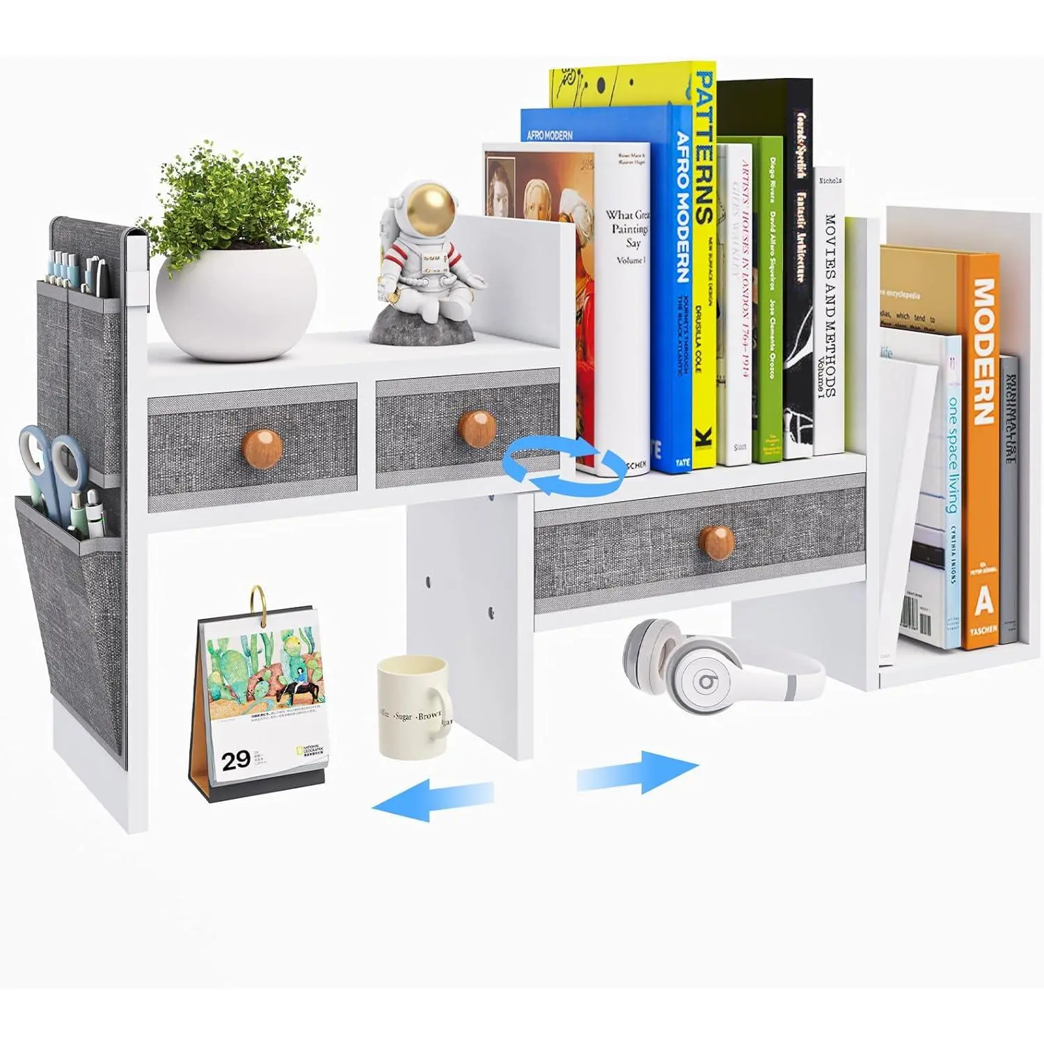 Adjustable Desk Shelves for Storage, Desktop Bookshelf with 3 Drawers, White Wood Desk Shelf for Top of Desk, Corner Desktop Organizer for Women Office