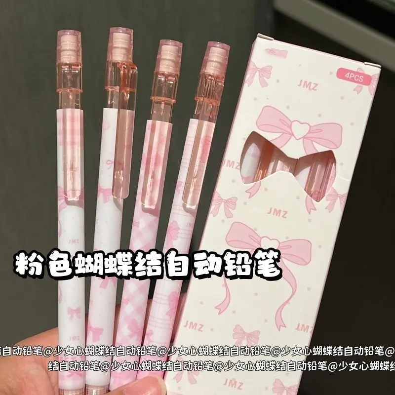 4-Pack pink bow automatic pencil 0.5mm cute Kawaii Mechanical Pencil Set Cute School Supplies student learning stationery, handbook notes drawing, girls' school gifts Mechanical Pencils Set