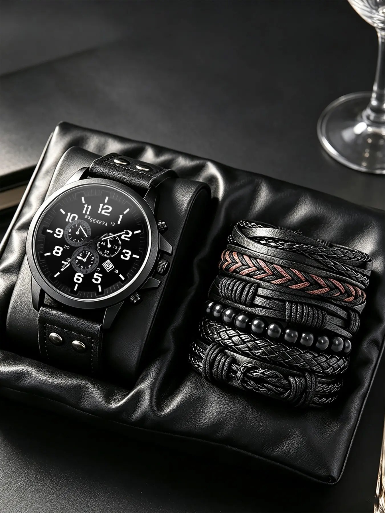 Men's New Calendar Watch Set, Versatile Leather Strap, Daily Wear, Father's Day Gift, Fashionable Quartz Watch, Analog Watches, Dial, 43mm Alloy Case