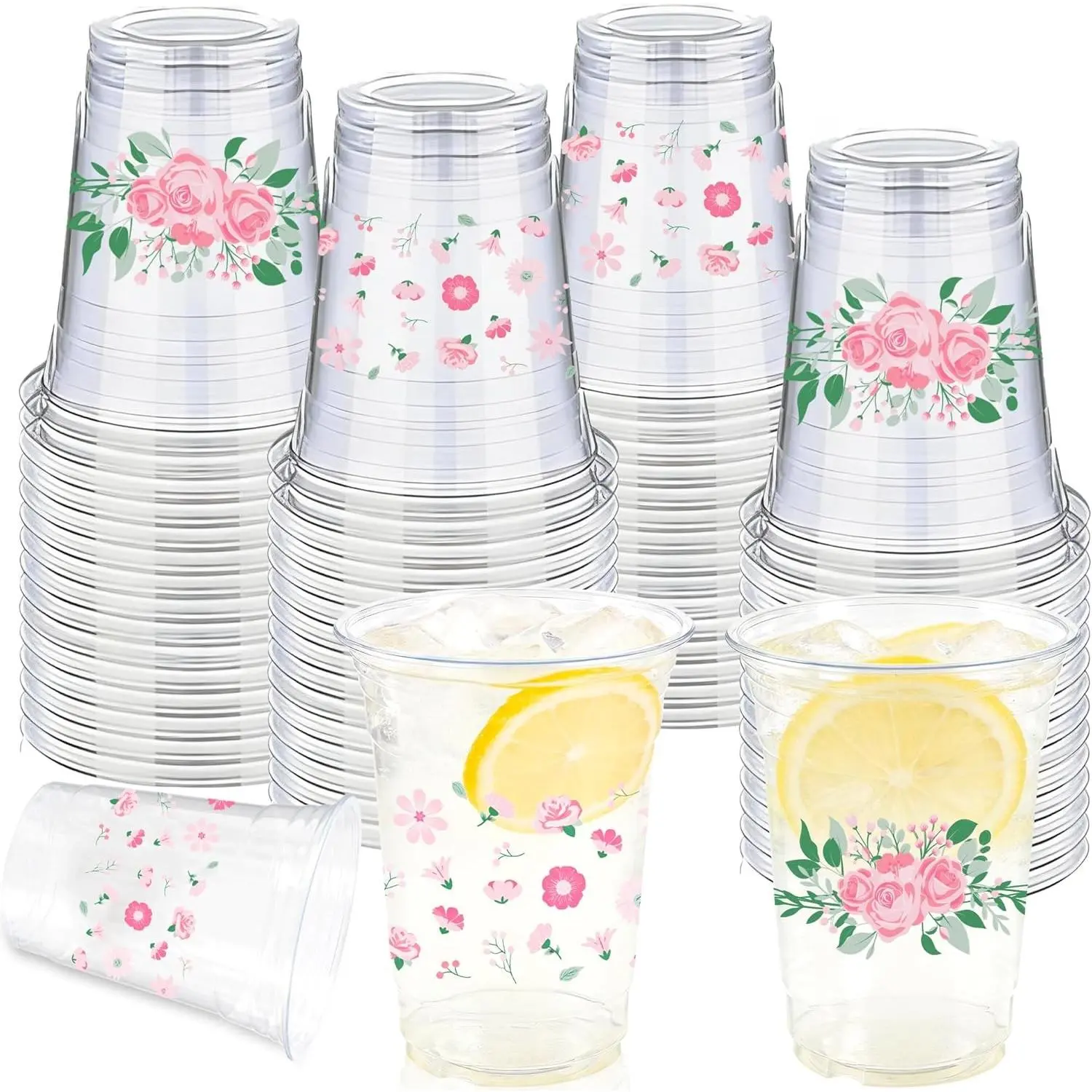 Household Disposable Plastic Cups Set, 50-Piece 16 Oz Floral Drinking Cups for Spring Birthday Wedding Party Supplies & Favors