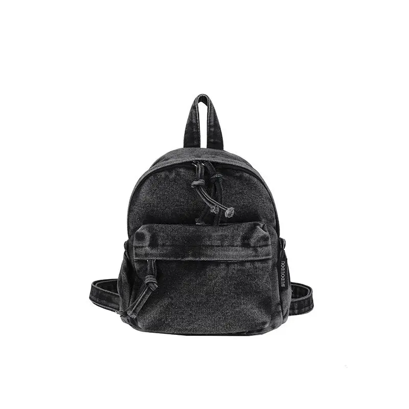 Korean Retro Washed Jean Mini Backpack Ladies Tassel Drawstring Small Denim Shoulder Bag Casual Daily Street Travel Backpack