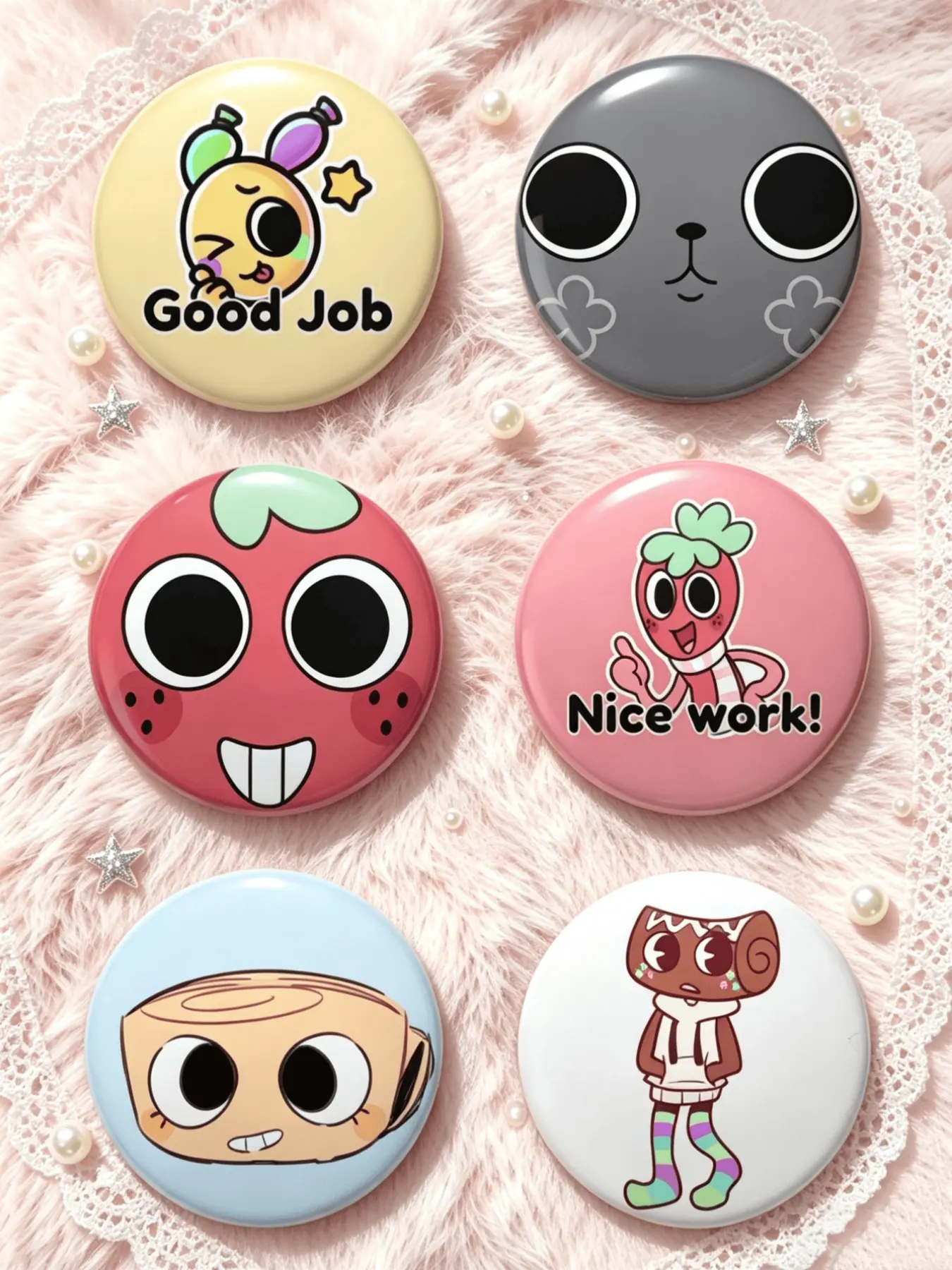 Dandy's World Game Tin Badge, Cute Cartoon Rabbit, Pet, Strawberry Head, Nice Work Strawberry Man, Wood Roll Image, Safety Pin Emblem