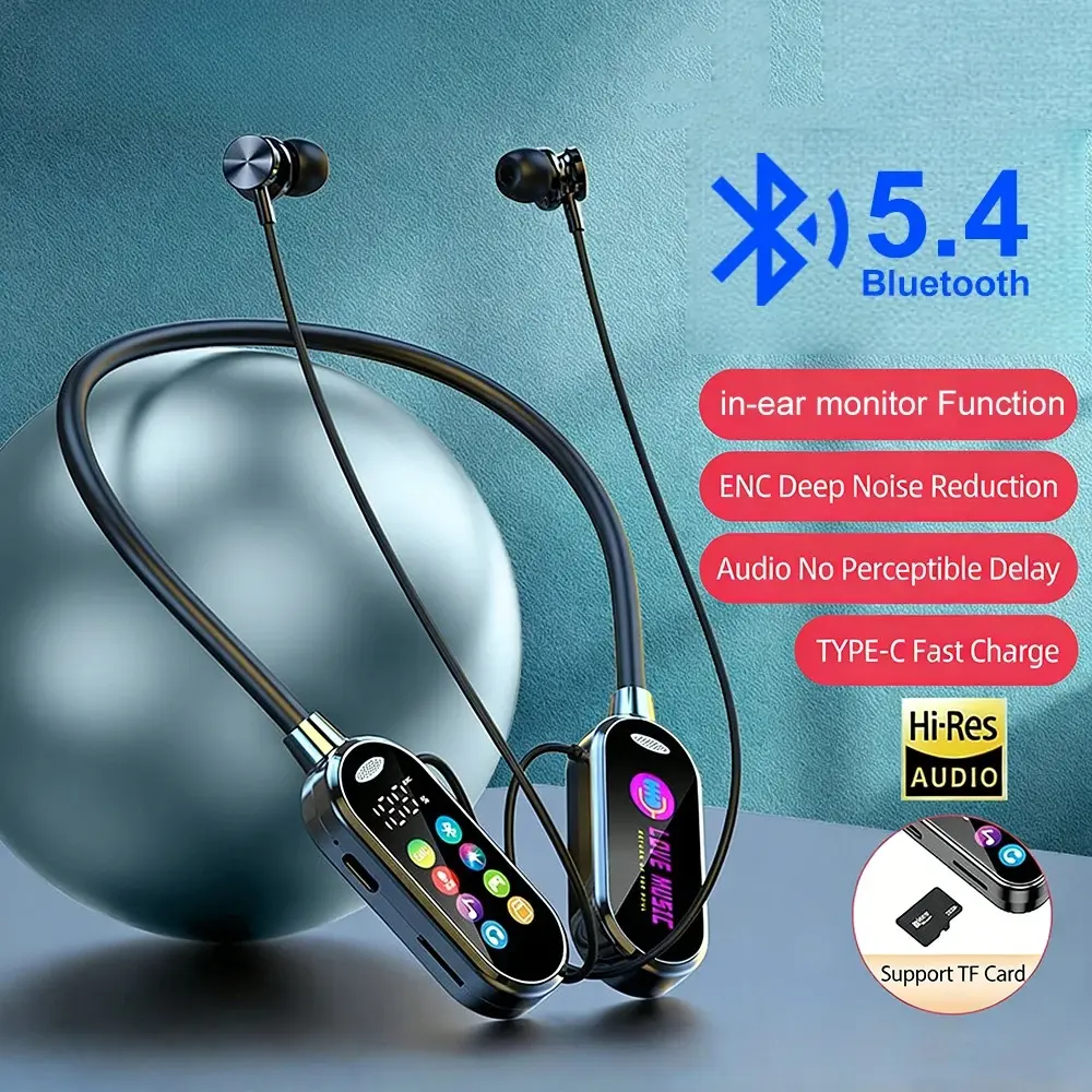Bluetooth 5.4 In-Ear Neckband Earphones - LED Display, Noise Reduction, Waterproof, Dustproof, Magnetic, Fast-Charging Wireless Audio Headset Monitor
