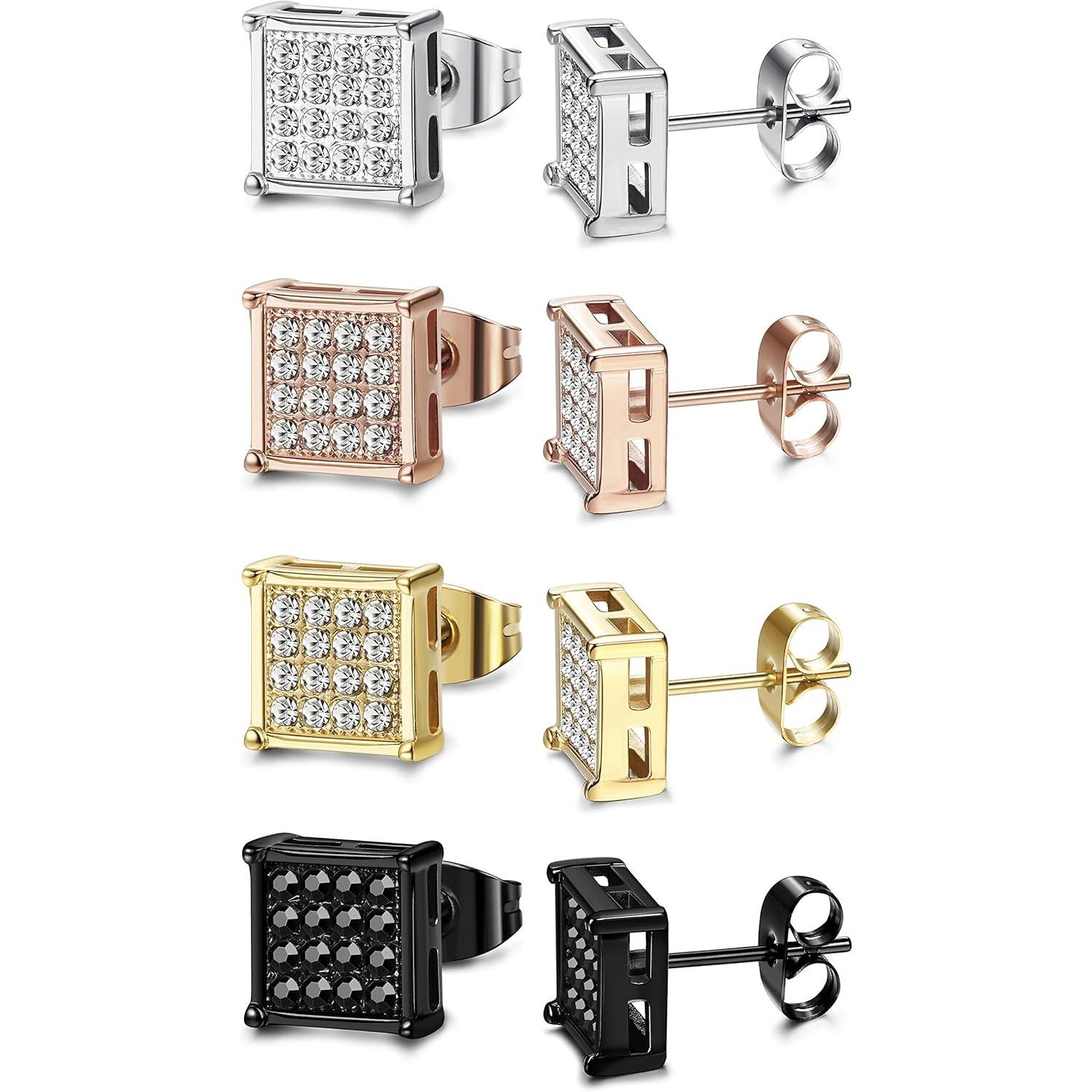 FIBO STEEL 4/8 Pairs 316L Stainless Steel Square CZ Stud Earrings for Men Women 6-8MM AAA+ Shiny Cubic Zirconia Earrings Set FIBO STEEL 4/8 Pairs 316L Stainless Steel Square CZ Stud Earrings for Men Women 6-8MM AAA+ Shiny Cubic Zirconia Earrings Set