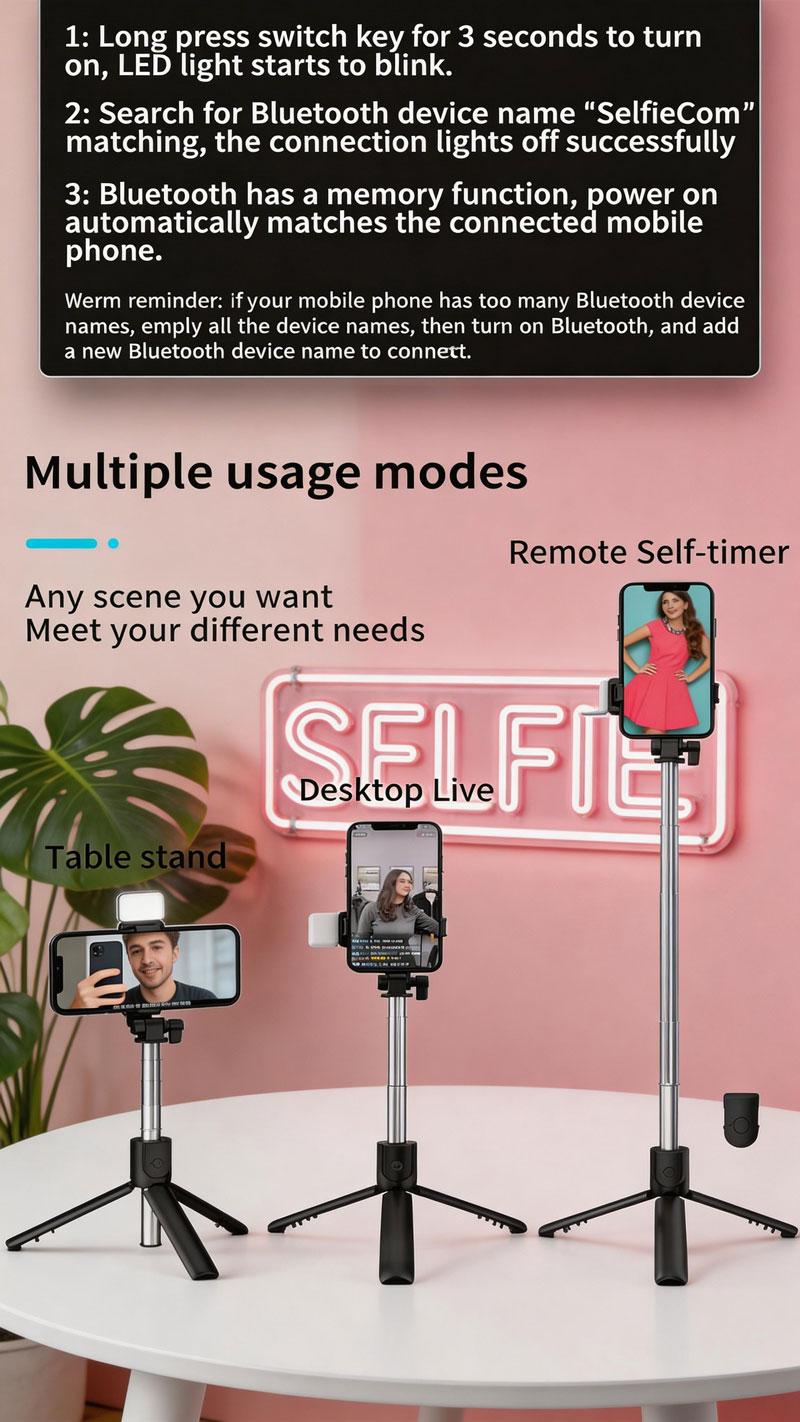Foldable Bluetooth Selfie Stick Extendable Portable Multi-Function Tripod for iOS Android with Wireless Remote Shutter