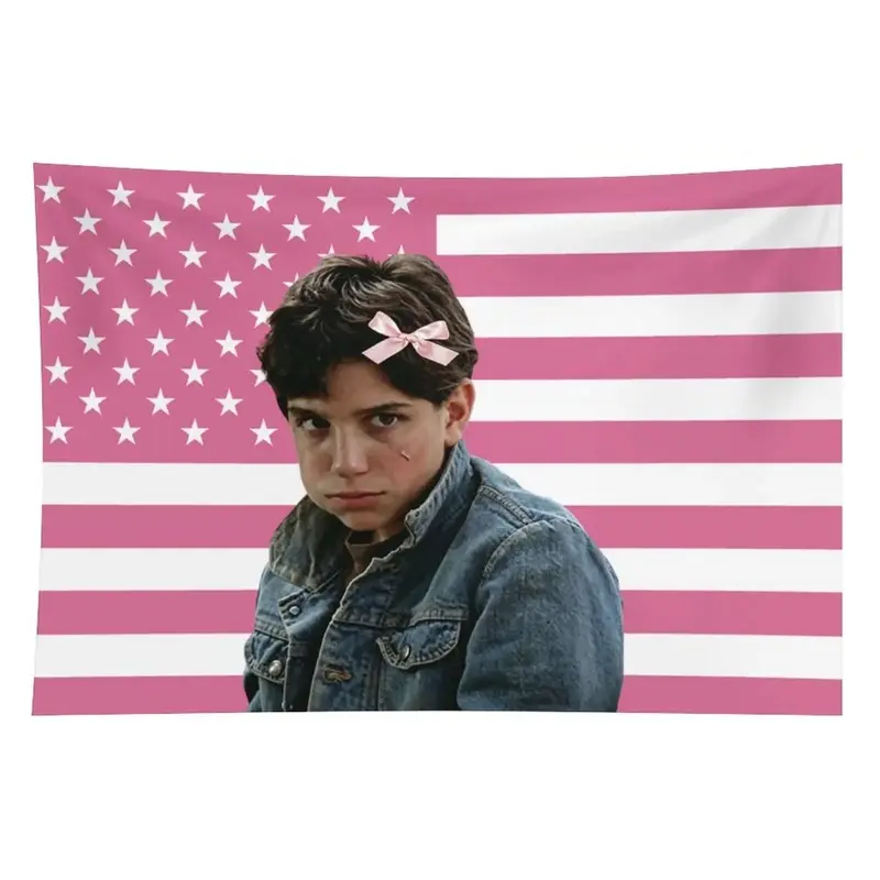 1PC 60x40in Pink and White American Flag Print Polyester Tapestry with Ralph Macchio Movie Poster - Machine Washable Retro Patriotic Wall Art, Pink Wall Hanging Decoration for Teen Bedrooms