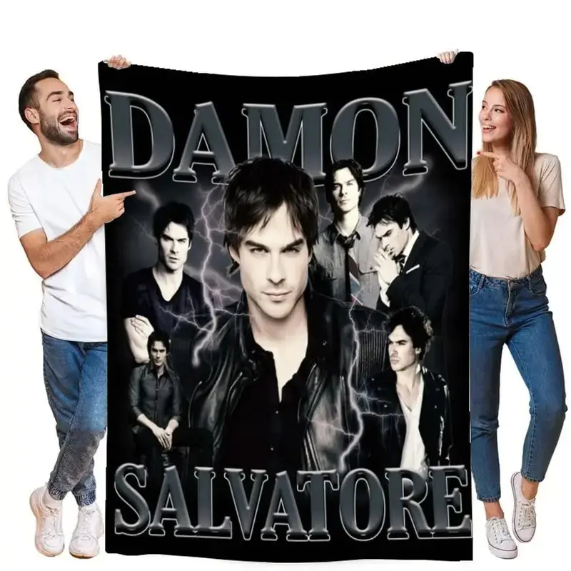 Damon Salvatore The Vampire Diaries Collage Print Flannel Throw Blanket - Ian Somerhalder Retro Vintage Anti-Pill Warm Blanket, Room & House Decor Gift for TVD Fans