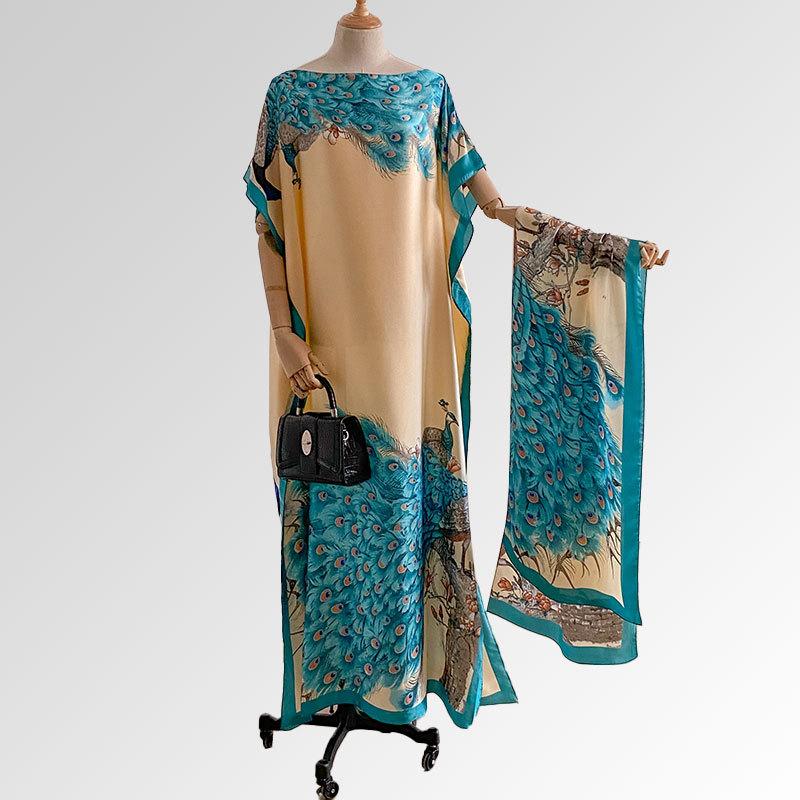 Women's Peacock Print Cape Shawl & Scarf Set, Elegant Beach Cover-Up For Holiday Vacation, Swimsuit Cover Up