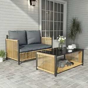 AobtkelNew Comming Outdoor PE Brown Wicker 2seats Sofa with Grey Cushion and Table Set