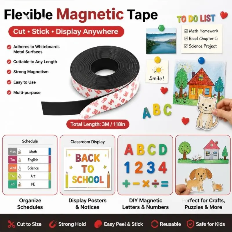 Multi-specification 3M adhesive soft magnetic strips, thick magnetic stickers, magnets for doors and windows, teaching advertisements, magnetic patches, rubber magnetic strips