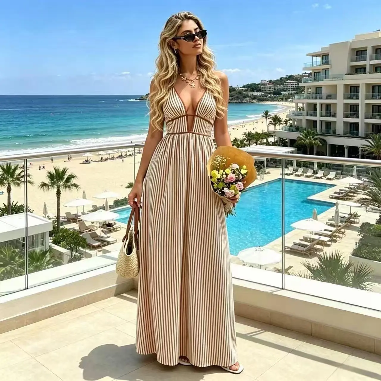Women’s Classic Hawaiian Floral Maxi Dress, Sleeveless Spaghetti Strap Sundress, Relaxed Fit Floor-Length Dress, Casual Seaside Holiday Travel Outfit for Summer