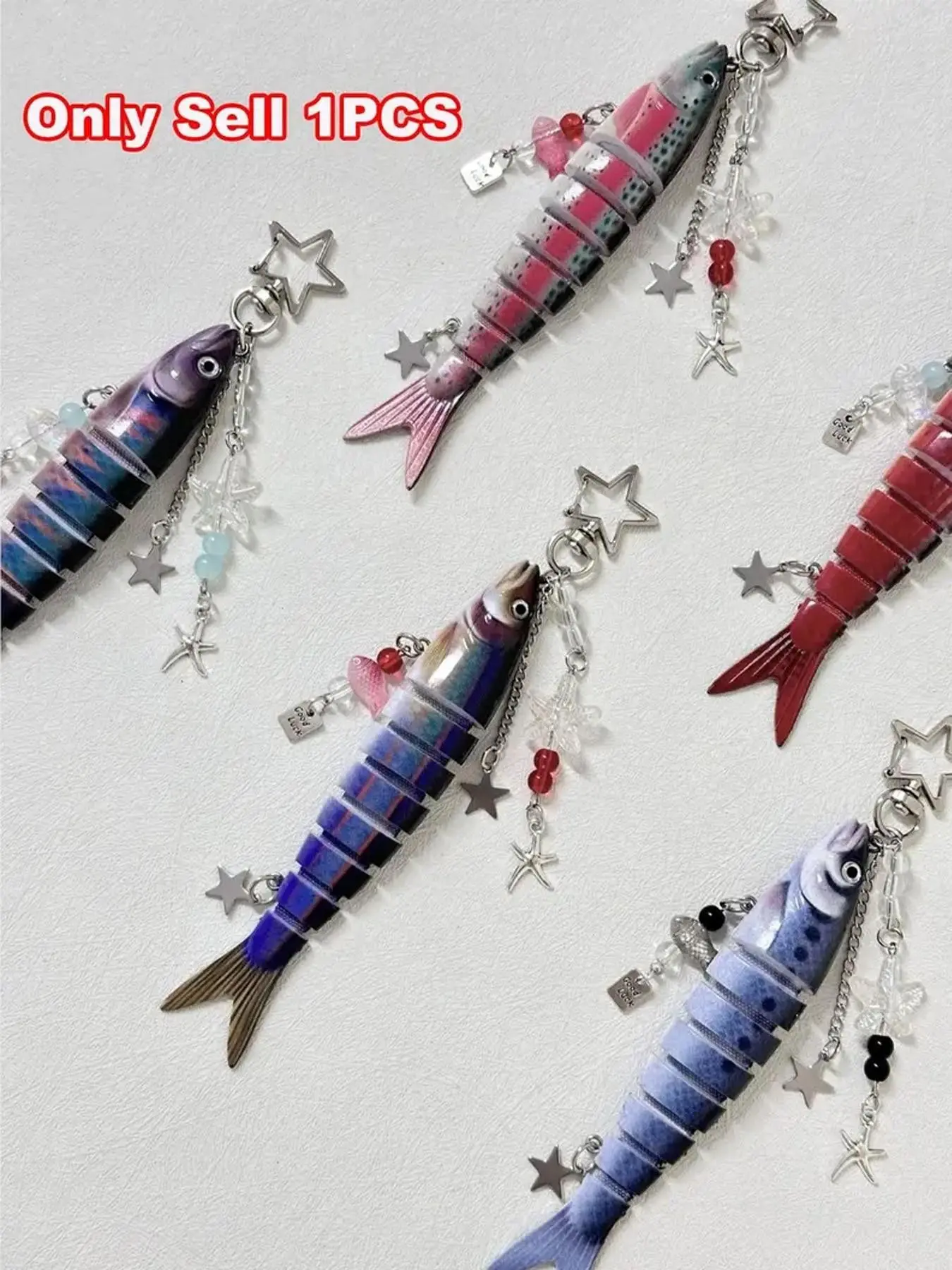 Articulated Movable Fish Bag Charm, Star Starfish Beads, Good Luck Tag, Metal Keychain, Y2K Cute Salmon Pendant, Handbag Accessory, Keychain Accessories