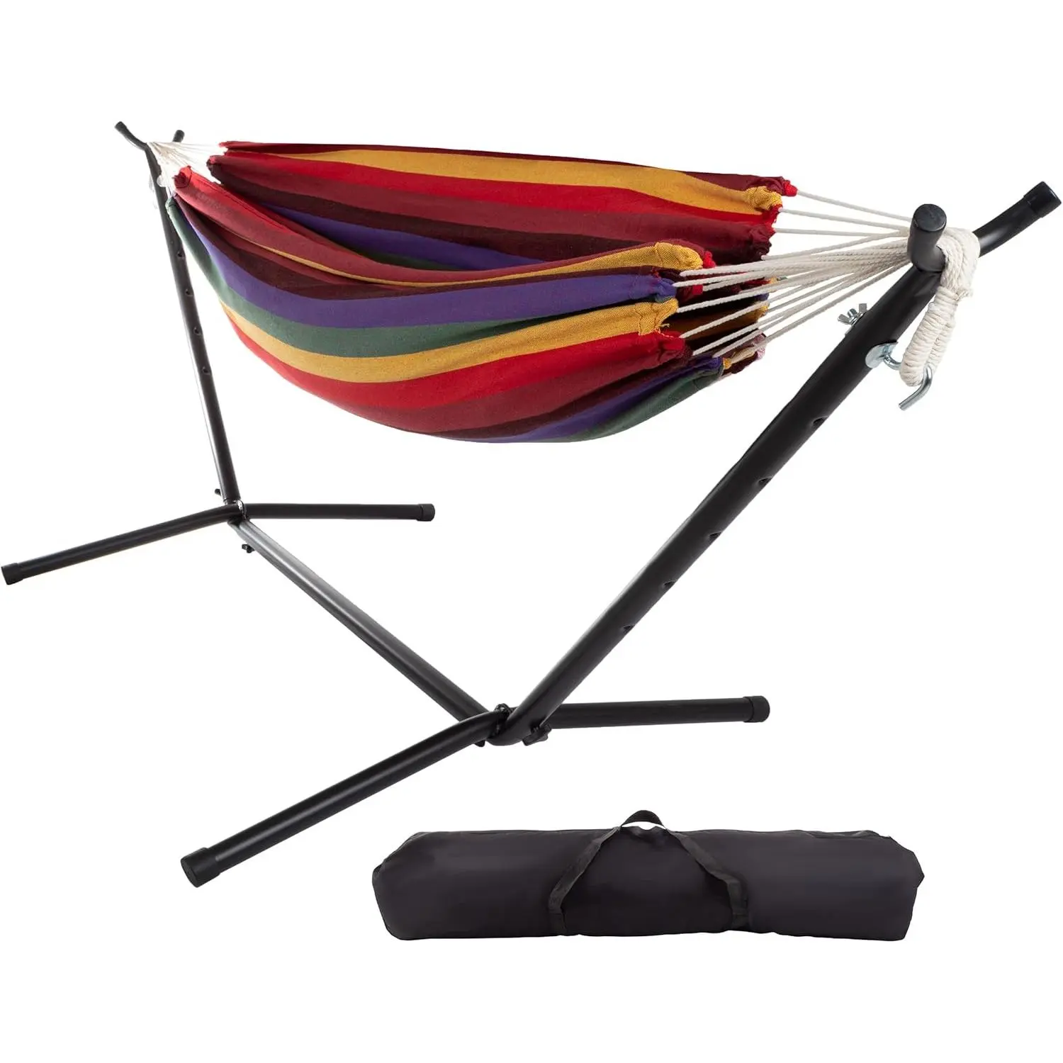 Double Brazilian Hammock with Stand Included Woven Cotton, 2-Person, Outdoor Swing with Frame for Camping, Backyard, or Patio
