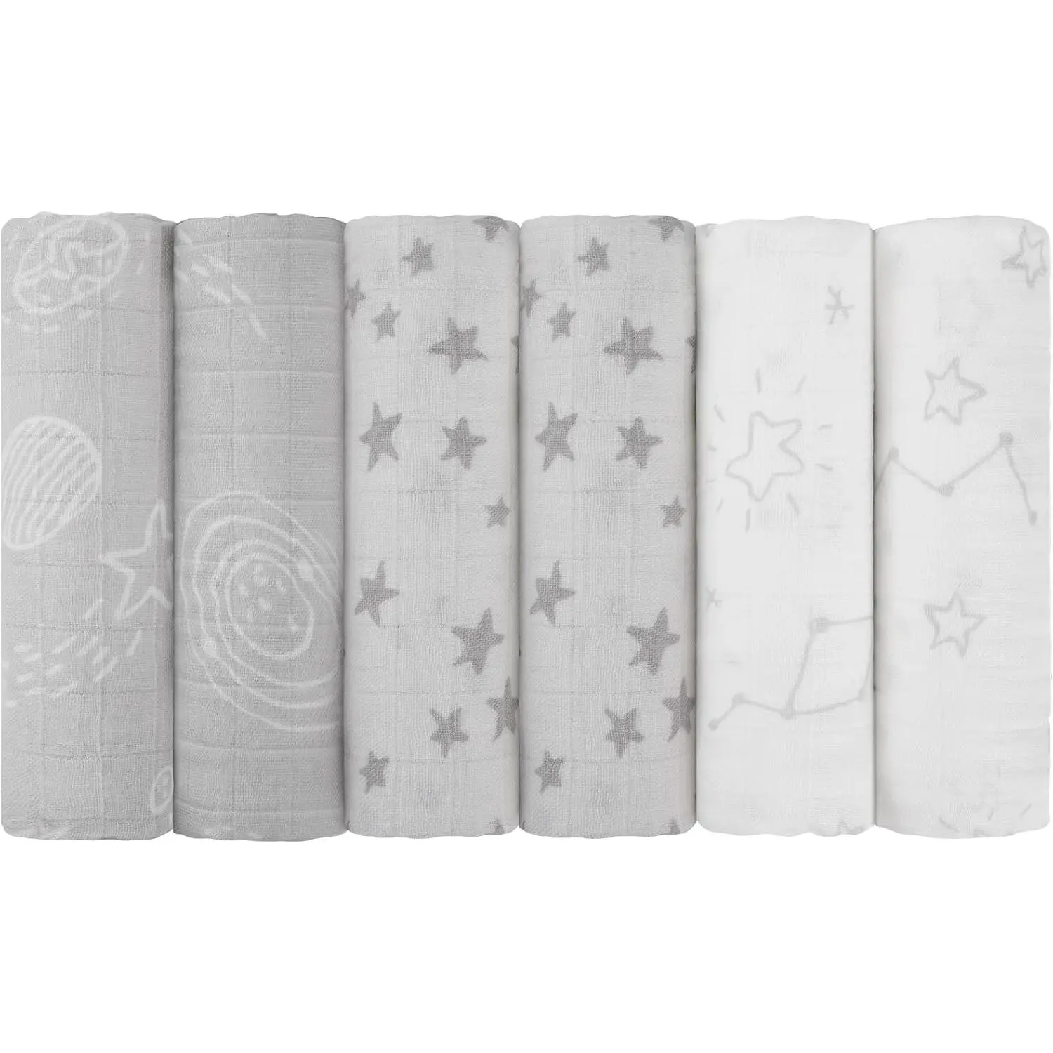 Unisex Bamboo Blend Moisture-Wick Multi-Use Pack 6-Pack Muslin Swaddle Blankets (27"x27"), 3-Layer Cotton Breathable Star Theme Baby Receiving Wraps & Burp Cloths for Infants
