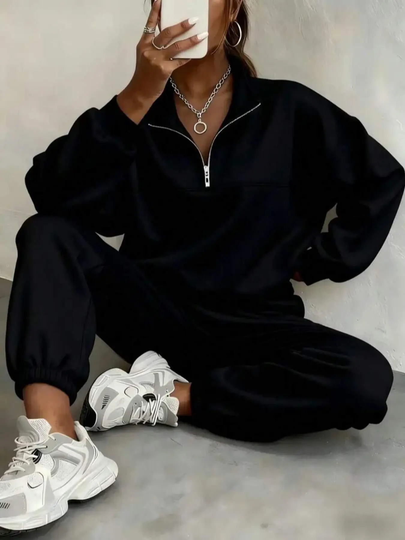 Women's 2-Piece Sportswear Set, Thick Soft Fabric, Half-Zip Standing Collar Sweatshirt + Elastic Waist Pants, Fall & Winter, Casual Loose Tracksuit