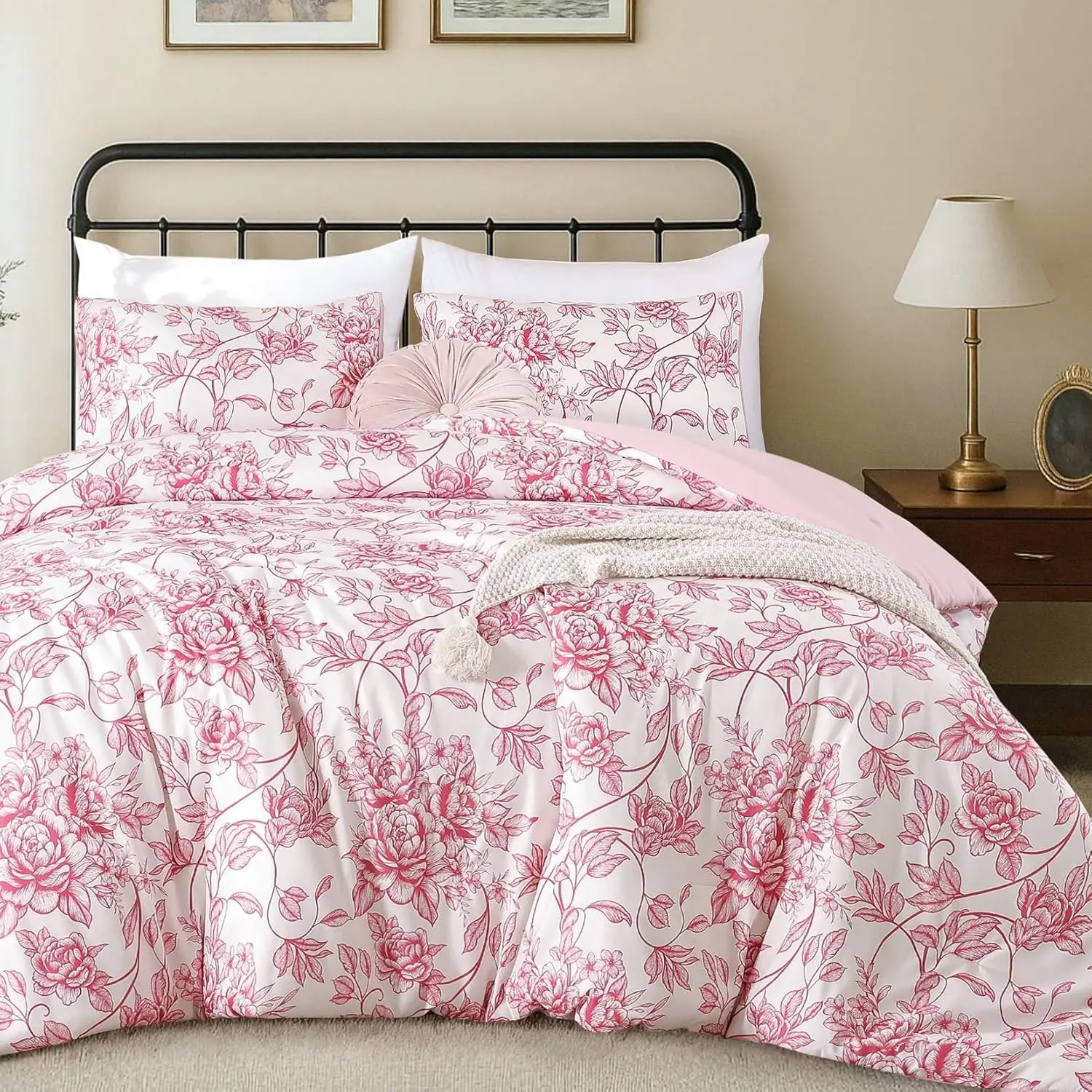Comforter Set Twin Size - Pink Floral Comforter, 2 Piece Cute Floral Bedding for All Season, 1 Soft Fluffy Breathable Microfiber Comforter Set with 1 Pillow Shams