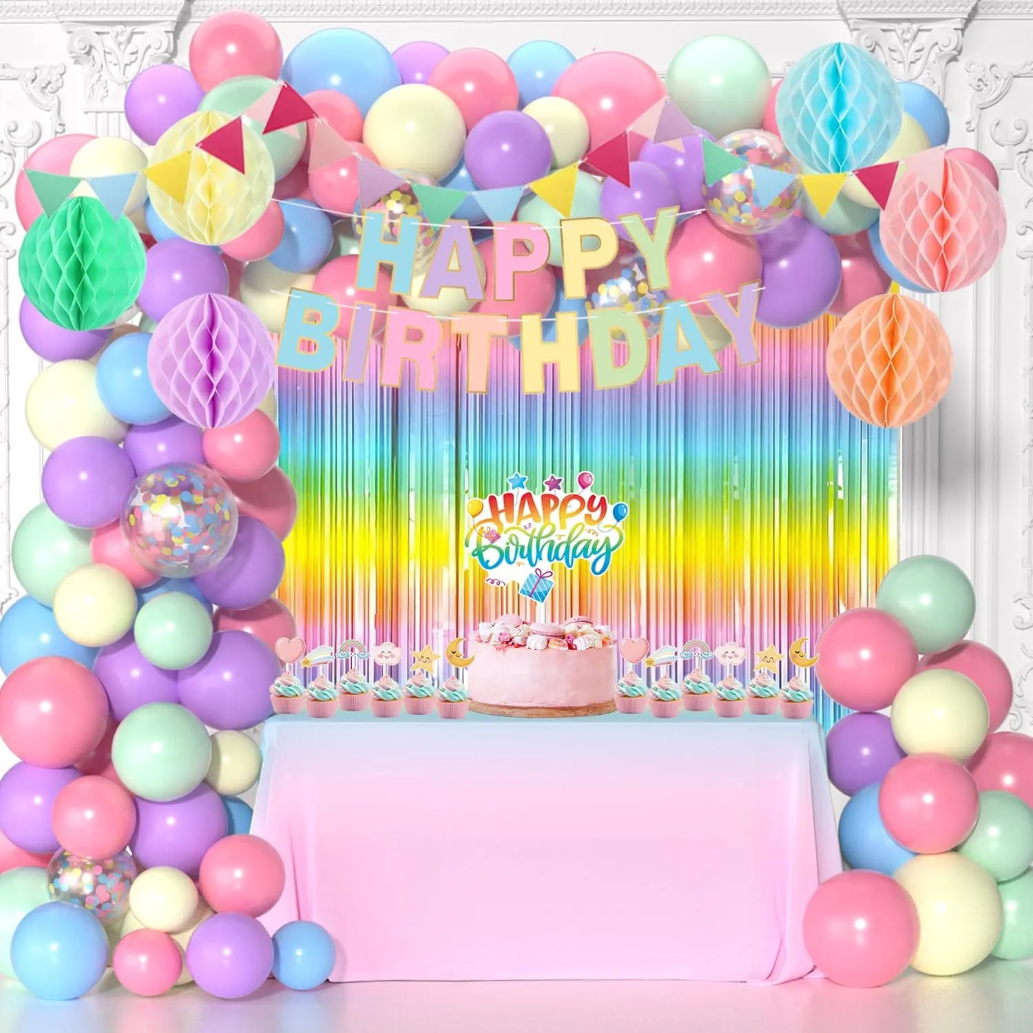 Pastel Rainbow Birthday Decorations, Pastel Birthday Decorations for Girls, Pastel Rainbow Foil Fringe Curtain Streamers Party Pastel Balloon Arch Kit Tablecloth Banner Cake Toppers