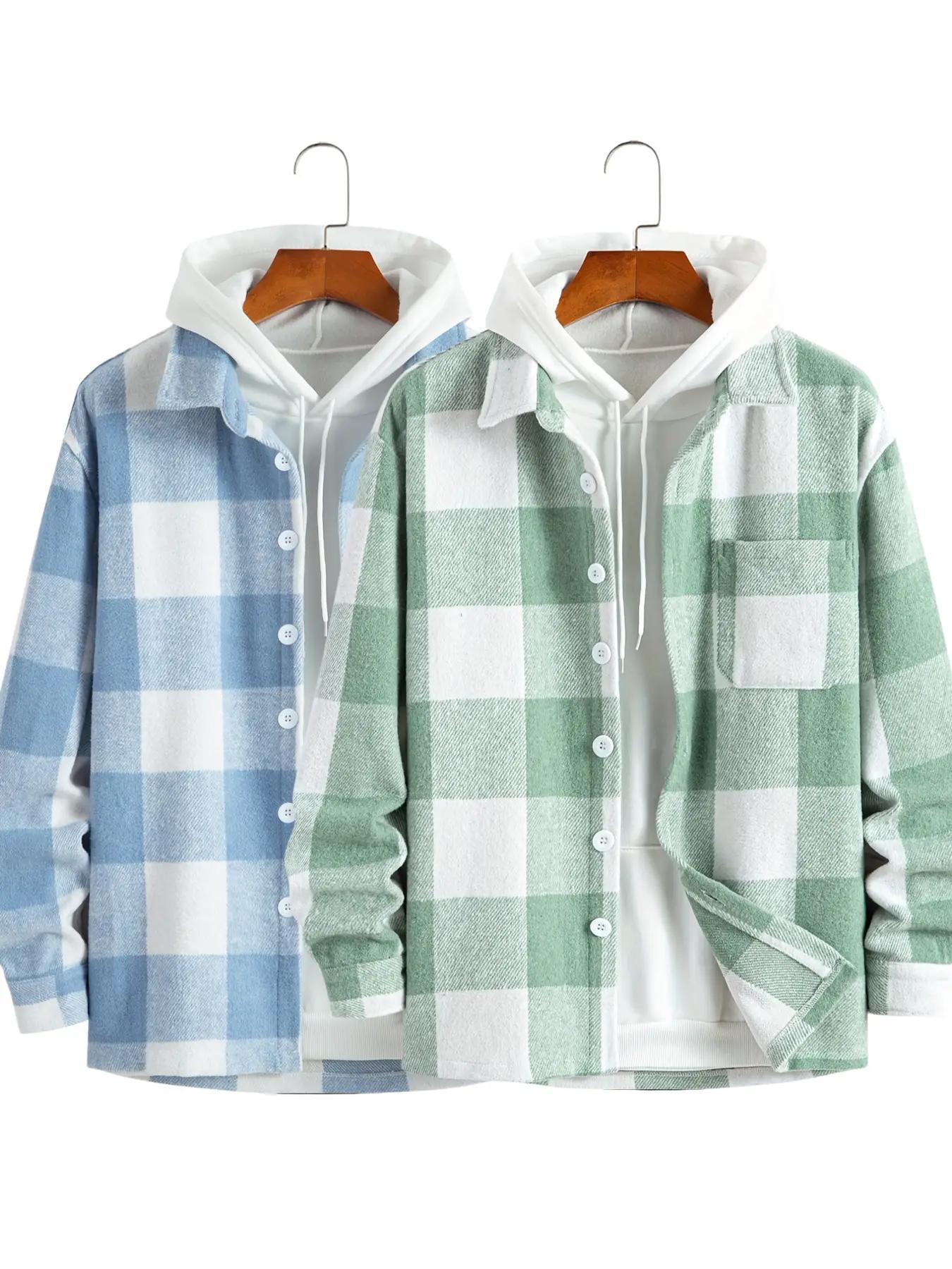 Men's Plaid Print Checked Button Front Collared Jacket without Hoodie, Loose Casual Drop Shoulder Long Sleeve Collar Outerwear for Fall & Winter, Men's Clothes for Daily Wear, Casual Fashion Jacket, Menswear