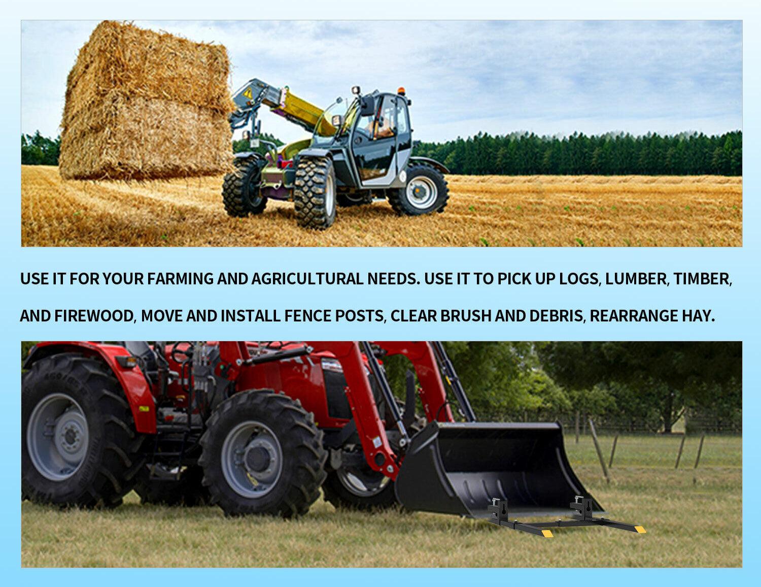 GARVEE 1500lbs 43" Clamp-on Pallet Forks for Skidsteer and Tractor - Heavy-Duty Attachment for Efficient Material Handling and Loading in Agriculture and Construction Applications.