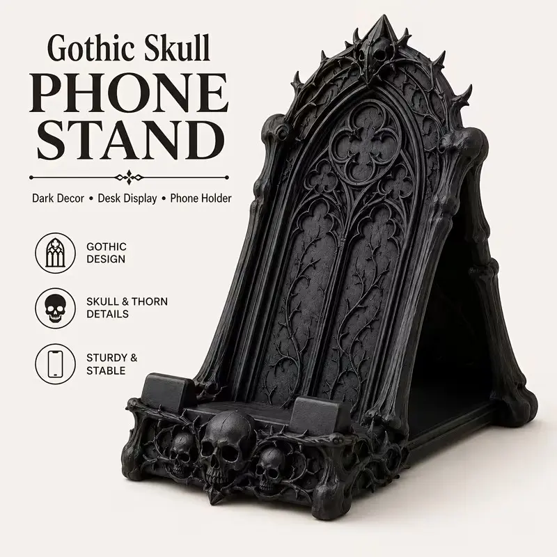 Gothic Skull Phone Stand, Dark Gothic Desktop Phone Holder, Decorative Desk Mount, Ideal for Bookshelf, Nightstand, Home Office, Goth Gift, Phone Accessories