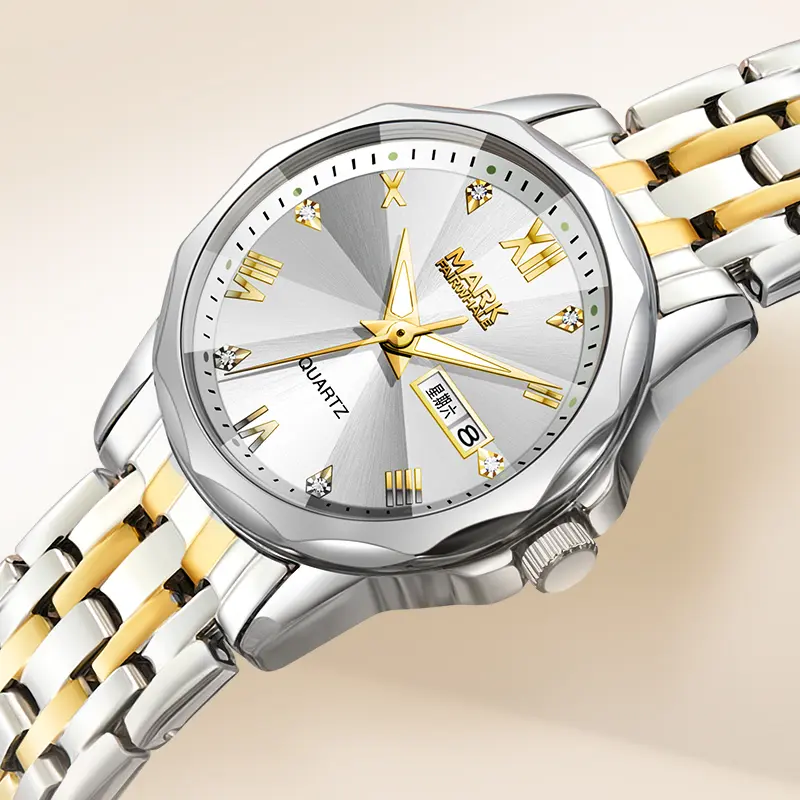 Women’s quartz watch by Mark Fairwhale, luxury two-tone stainless steel women’s watch with day display, 3 ATM waterproof, model FW-3030