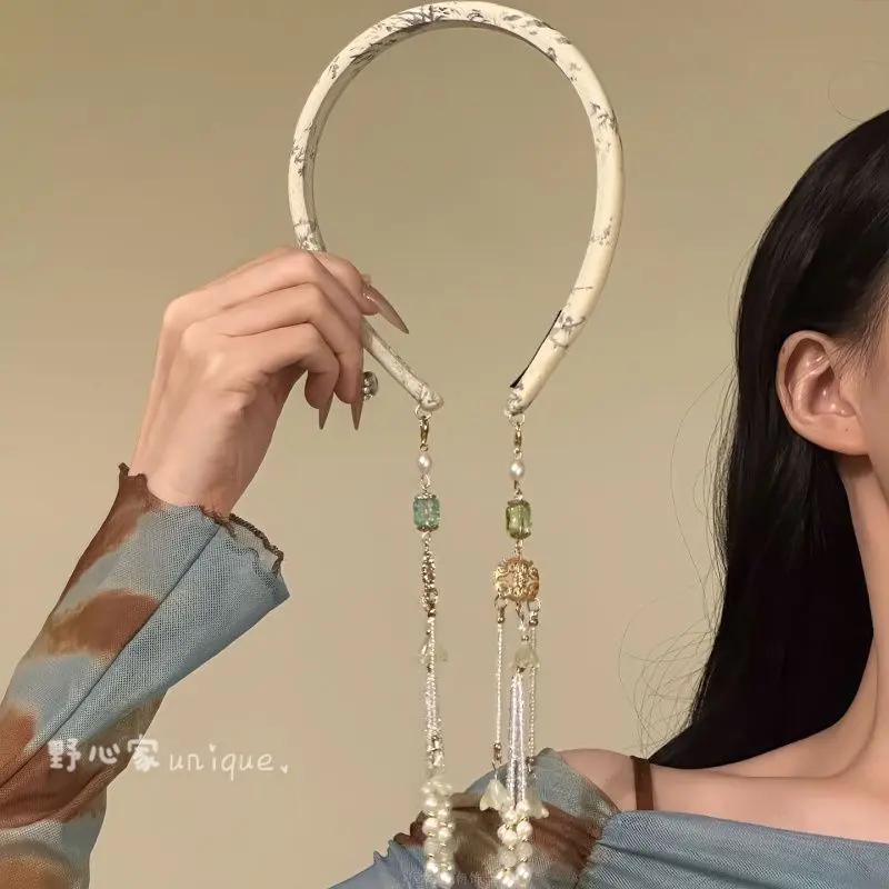 Hanfu-Style Tassel Headband with Exquisite Pearl Chain and Vintage Fabric Flower - Chinese Fashion Hair Accessory