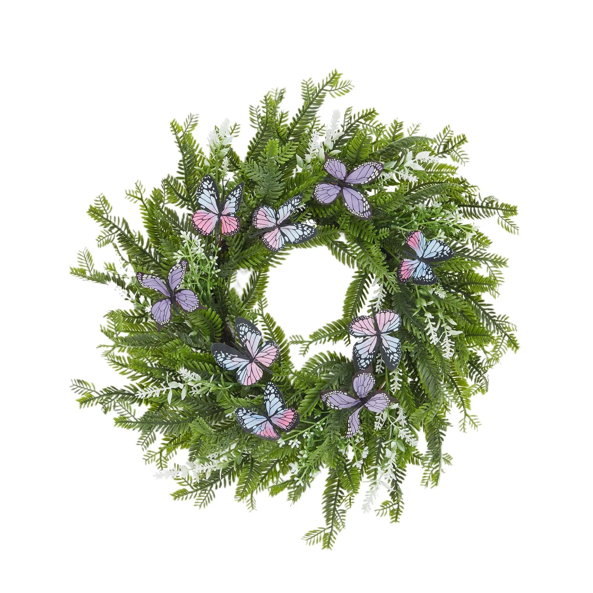 Lifelike Artificial Boxwood Wreath for Front Door – 20 Inch Greenery Spring & Summer Decor with Fern Leaves and Butterflies – Realistic Wall or Porch Hanging for Home, Window, Wedding