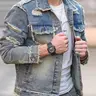 Men's Raw Wash Ripped Denim, Casual Button-Front Design with Pockets and Raw Hem for Daily Wear, Fashionable Menswear for All Seasons, Casual Pocket Outerwear