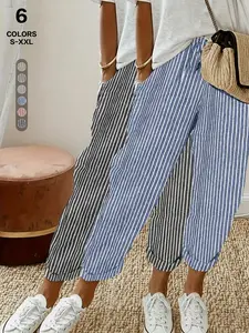 2026 Spring Summer Women's Striped Linen Cropped Pants, Elastic Waist Drawstring Adjustable Casual Trousers, Loose Fit High Waist Ankle Pants with Pockets for Beach & Daily