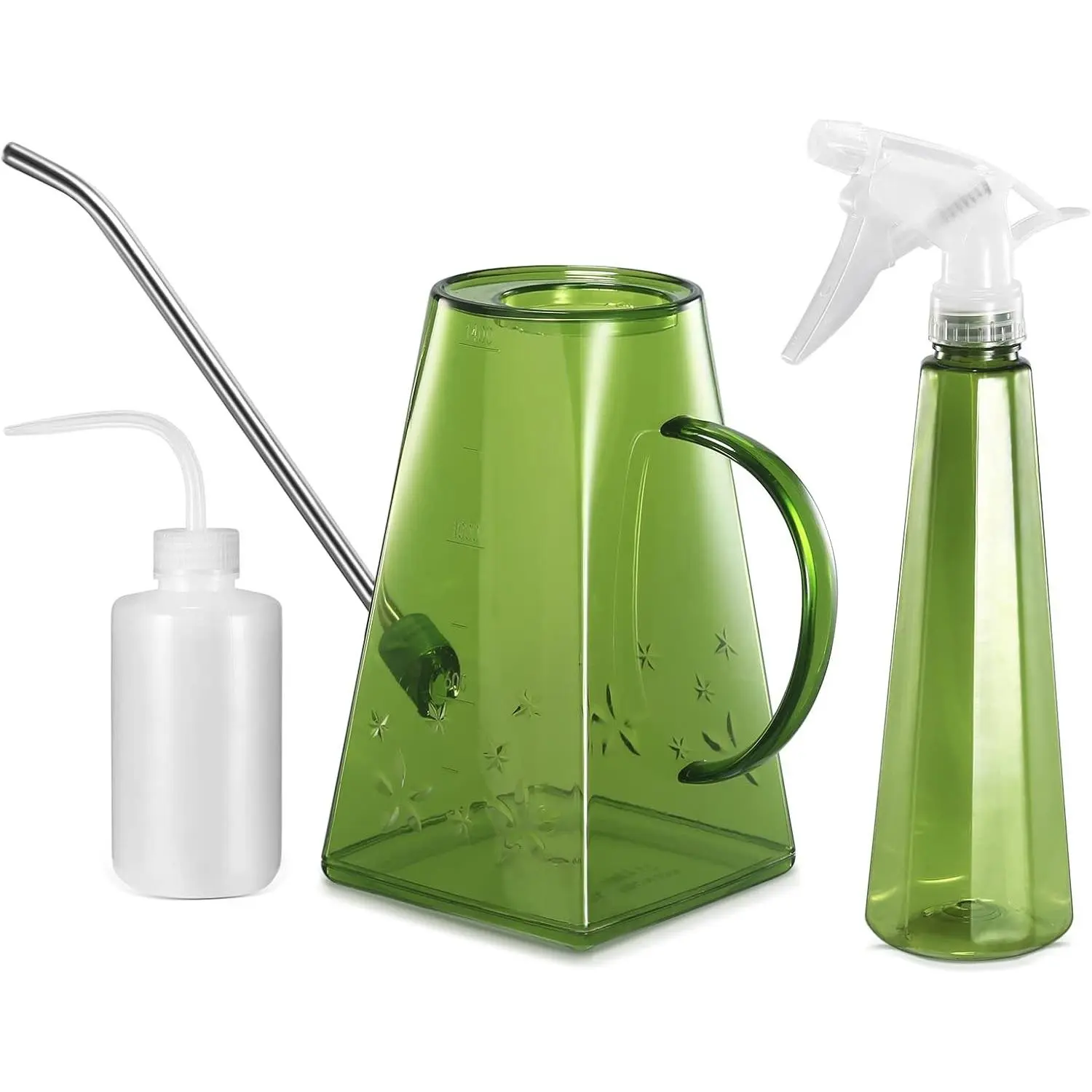 Watering Can Indoor Plants, 47 oz Long Spout House Plant Flower Watering Can, Creative Wide Opening Plastic Watering Can with 16 oz Spray Bottle & 8.5 oz Squeeze Bottle, Green