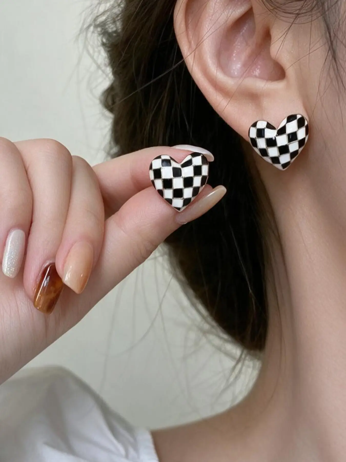 32pc 16pc 8pc Minimalist Checkered Heart Earrings, Grid Sweet Cool Style, Affordable Versatile Personality Ear Jewelry