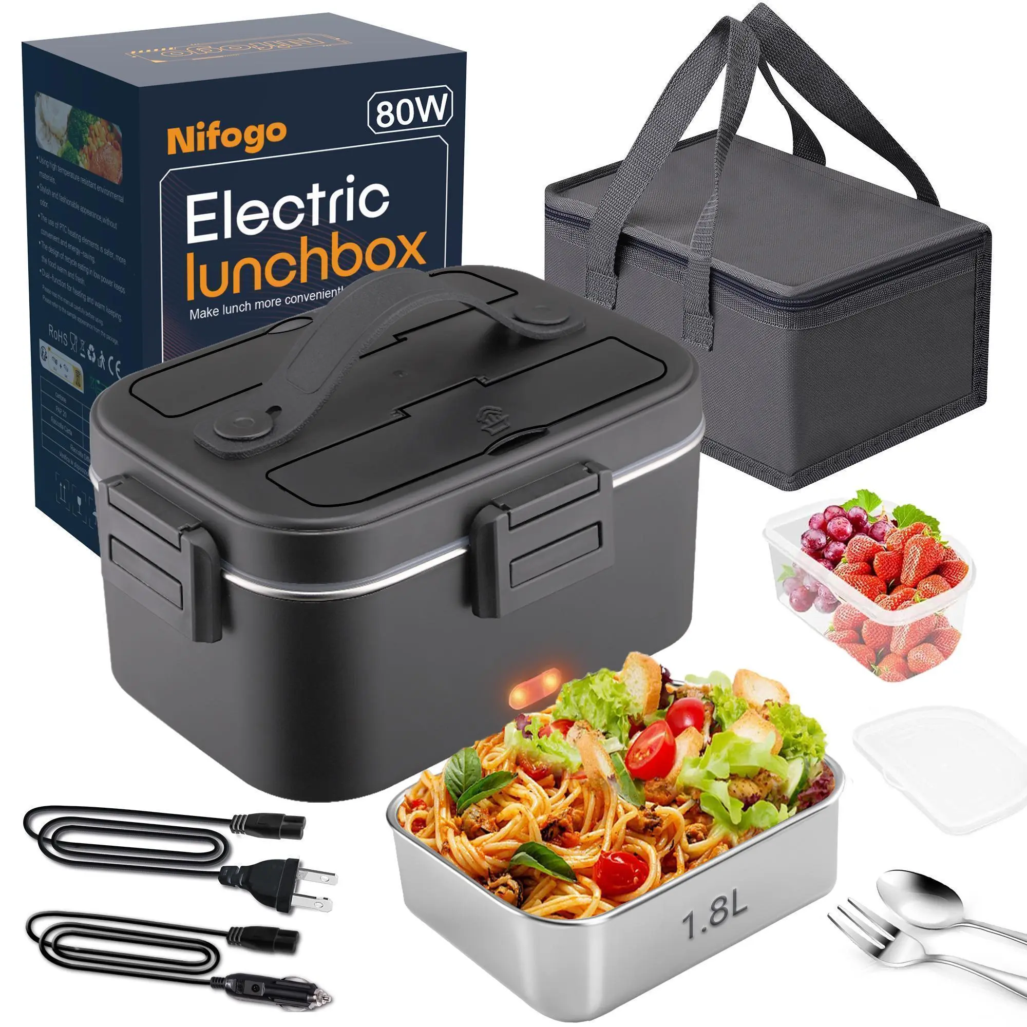 Nifogo 1000-2000ml Steel-Plastic Insulated Lunch Box - Portable Eco-Friendly Stylish Single Unit, 80W Leak-Proof Square 1.8L Stainless Steel Food Container, 12V-24V Car/Truck & 110V Home Use, Display Screen, Black Square Tableware for Adult Business Users