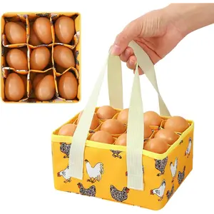 Removable Egg Collecting Basket, Egg Basket for Gathering  Eggs with 9 Pouches, Foldable Canvas Egg Holder, Collector Egg for Chicken, Duck, Goose, Collection (Yellow-flowered Chicken)