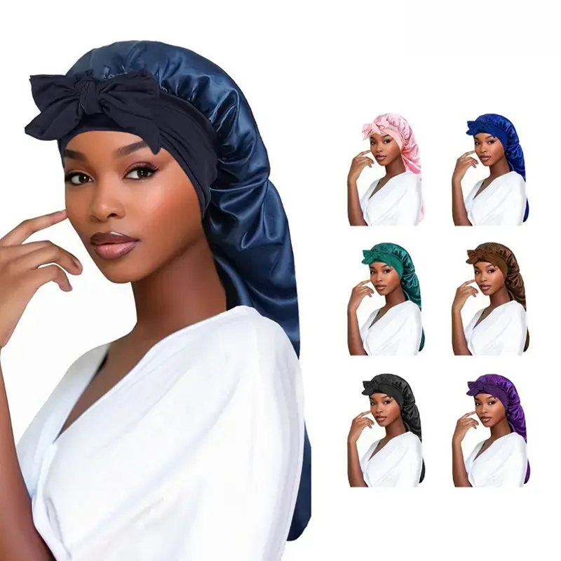 1Pc/2Pcs Long Satin Bonnet with Bow Tie, Soft Wide Elastic Band Sleep Cap, Anti-Frizz Overnight Hair Protection Bonnet for Curly Braided Long Hair Women,Windproof,LED,adjustable,trendy,Breathable,Packable,Grimace,Sweat-Wicking,trucker