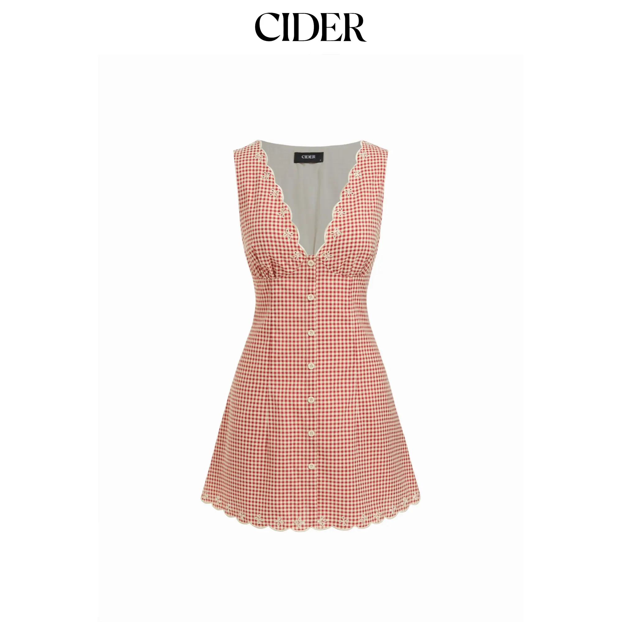 Cider Cotton-blend Gingham V-neck Scallop Hem A-line Mini Dress SohoChic
