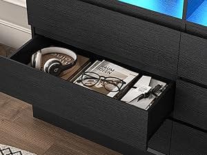 LED Dresser with  Charging Station Black Modern Chest Drawers Wood Cabinet Chest