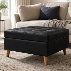 ARCH Black PU Storage Ottoman with Lift-Top, 30.25" Square Tufted Ottoman Bench for Living Room Bedroom Entryway, Hidden Storage Seat with Rubber Wood Legs, 300lbs Capacity, Easy Clean, Black Color Options, PU/Plywood/Rubber Wood Material
