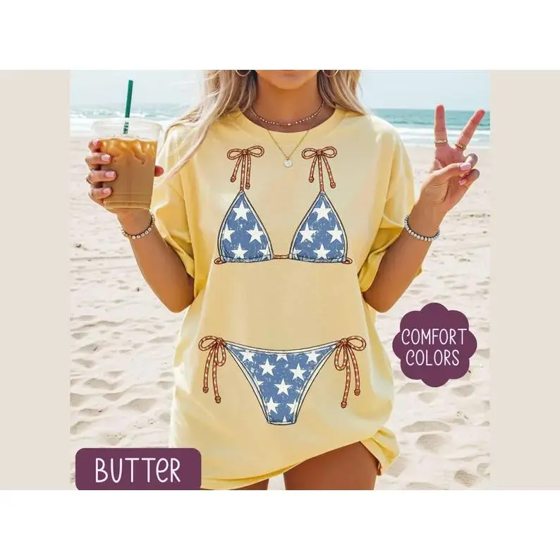 USA Bikini Top T Shirt, Red White Blue Swimsuit Shirt, Vacation Tee, Beach T-Shirt, Cute Summer Shirt