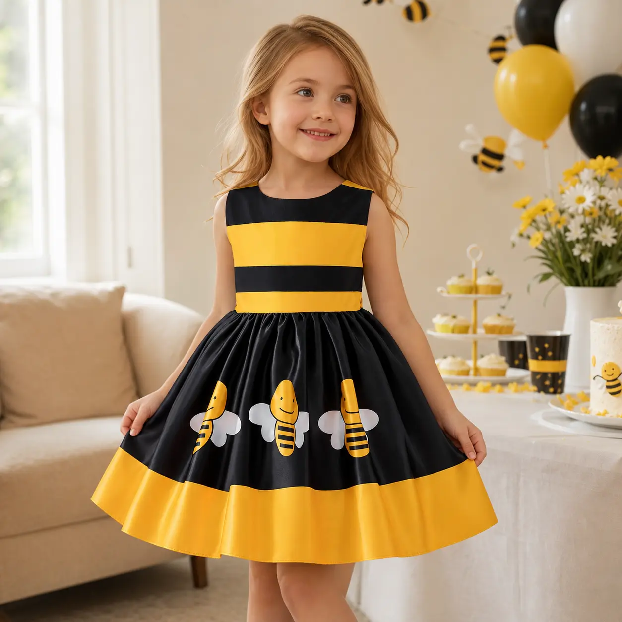 Girls' Bee Costume Dress - Yellow-Black Sleeveless Party Wear with Bow Back for Halloween Stage Cosplay
