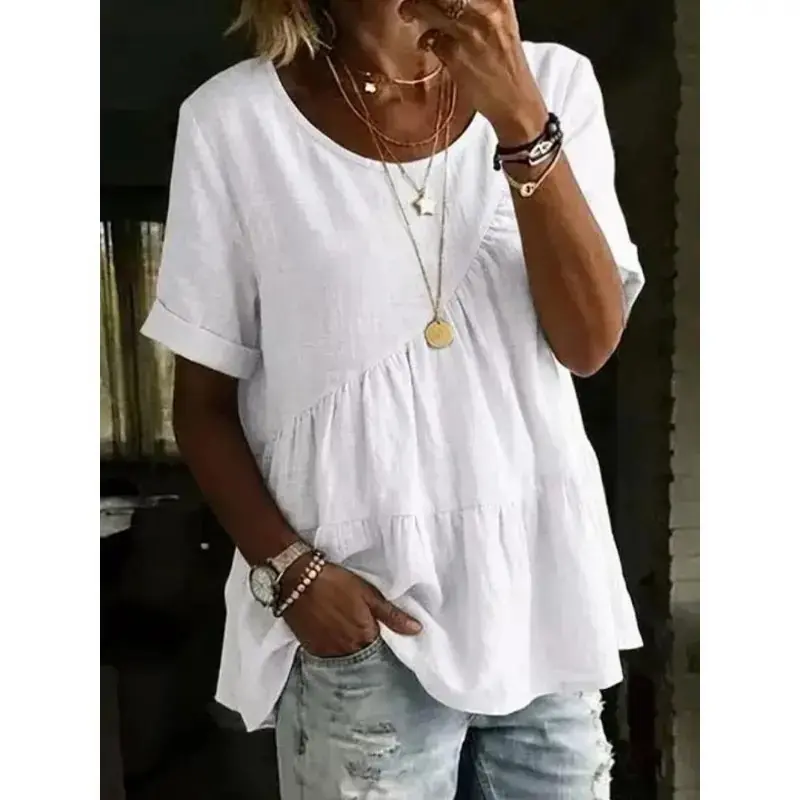 Women's Solid Cotton Linen Top, Dressy Casual Loose Fit with Round Neck and Short Sleeves, Paneled Minimalist Everyday Clothes, Blouses, Shortsleeve, Basic, Women's Clothes, Funky, Peppy, Plain, Breathable, Chic