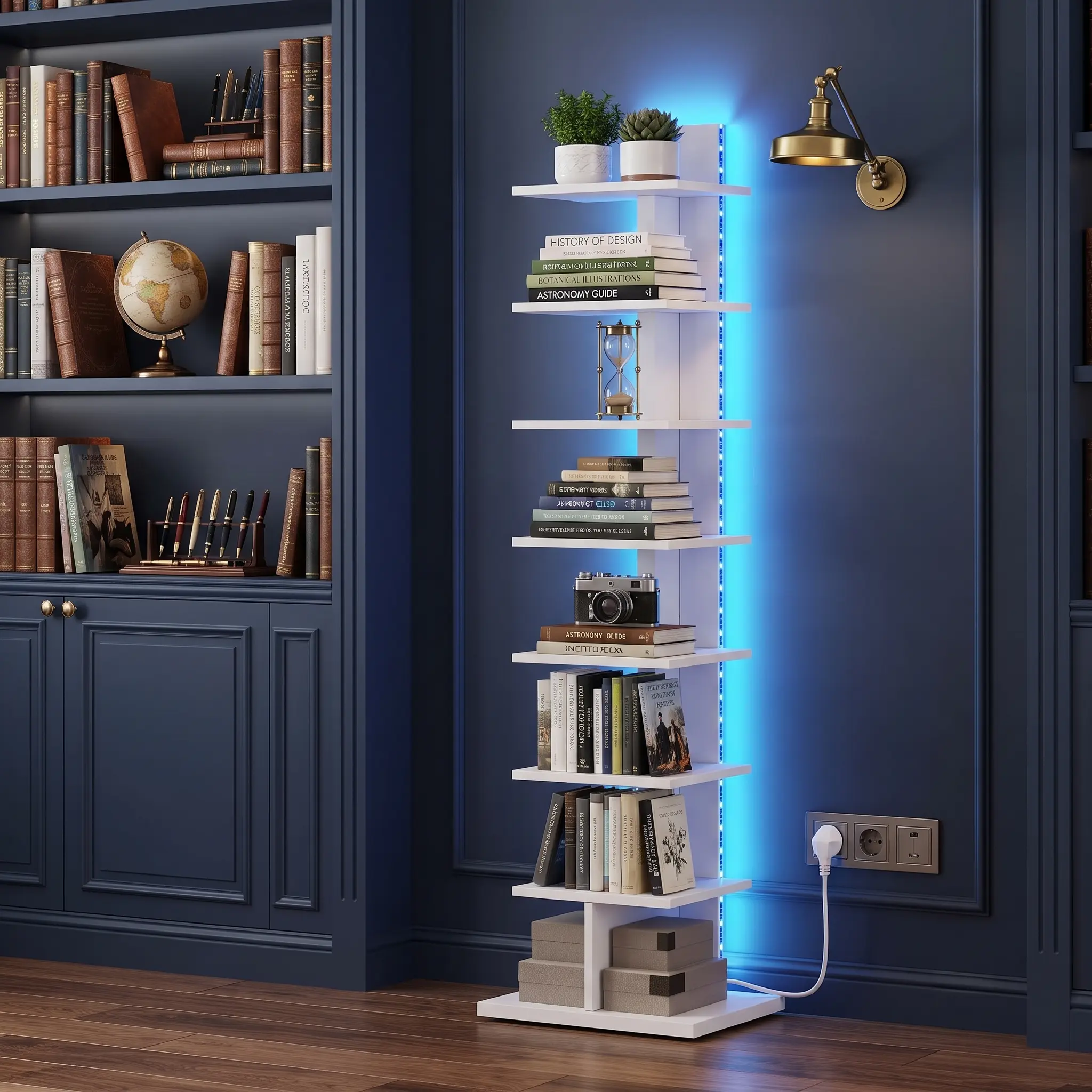 Book Shelf, Narrow Spine Bookshelf, 8-Tier Bookcase with LED Lights| 10.4 x 13.4 x 47.5 Inches Vertical Freestanding Corner Shelf for Living Room, Office, Small Space