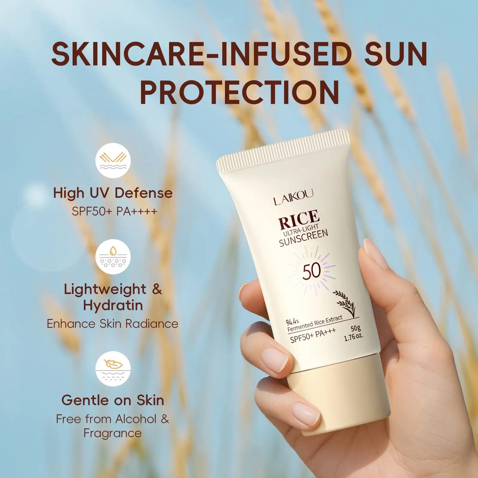 Rice Fermented Sunscreen 50g Spf50+, Contains Rice Extract & Niacinamide, Brightening Moisturizer, Lightweight Non-Greasy, Travel-Friendly， Lightweight Non-Greasy ， Daily Skincare Essential