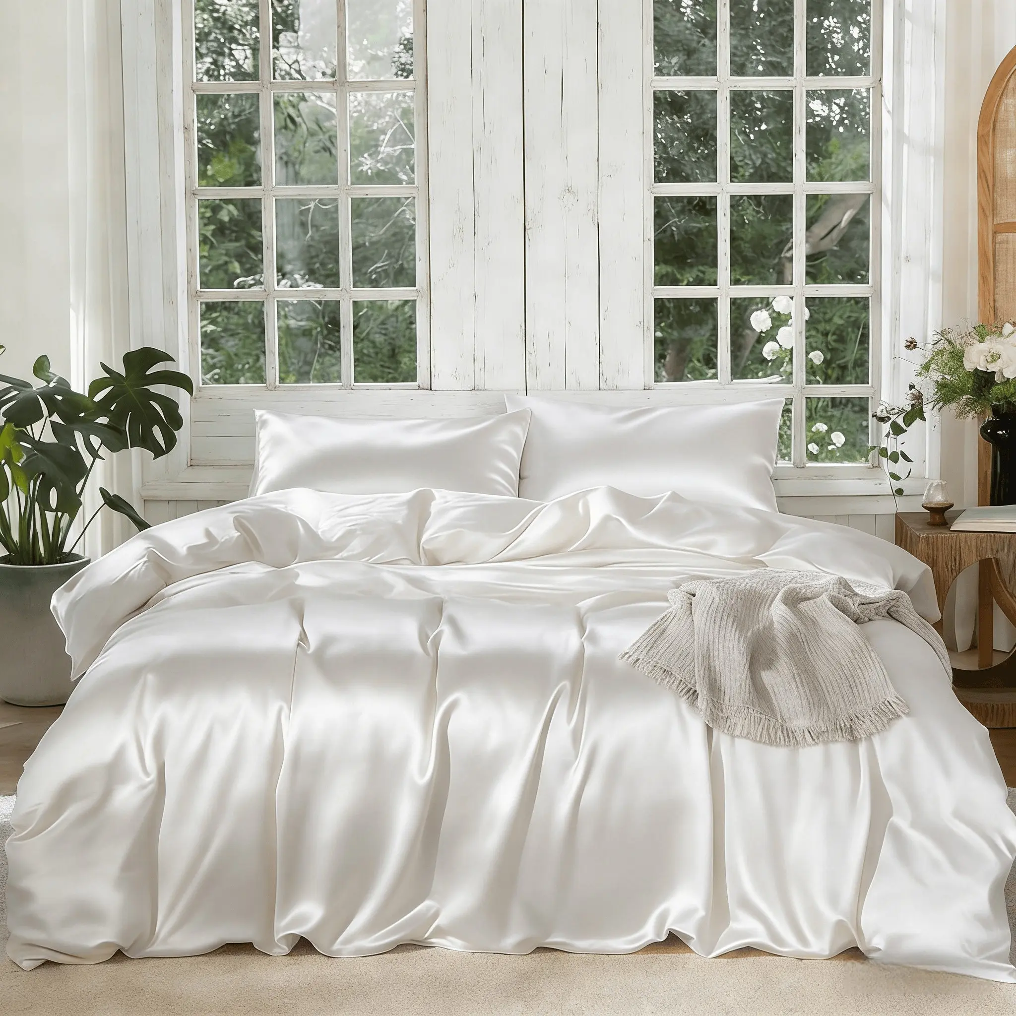 3-Piece Ultra-Soft Luxurious Satin White Polyester Duvet Cover Set, New Arrival for Spring & Summer, Includes 1 Duvet Cover and 2 Pillowcases, Inserts Not Included, Zipper Closure for Easy Removal & Washing, Hotel-Grade Quality, Soft Bedding Sets