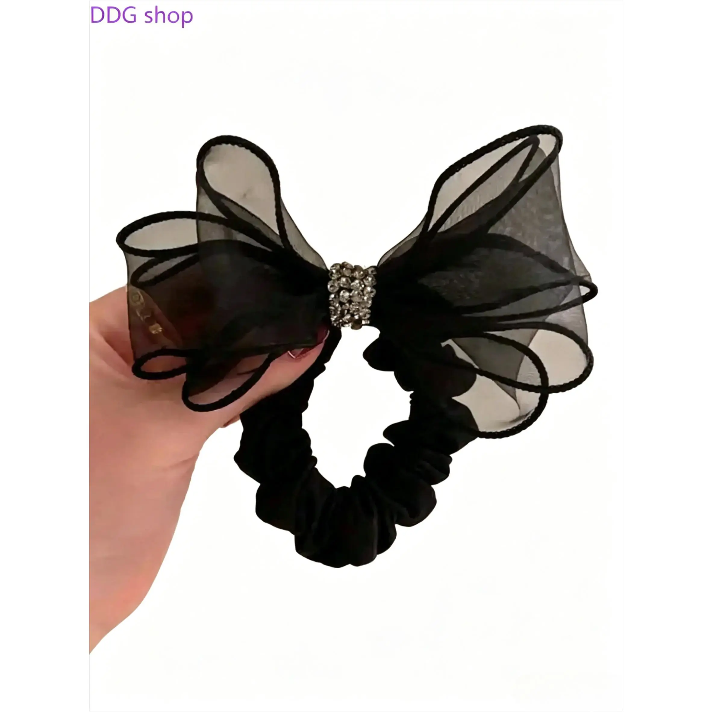 Female Glamorous Black Tulle Bow Rhinestone Scrunchie - Mesh-Layered Crystal-Decor Velvet Hair Tie, Sparkly Ponytail Holder for Everyday Hairstyle, Wedding (Sports & Outdoor Accessory)