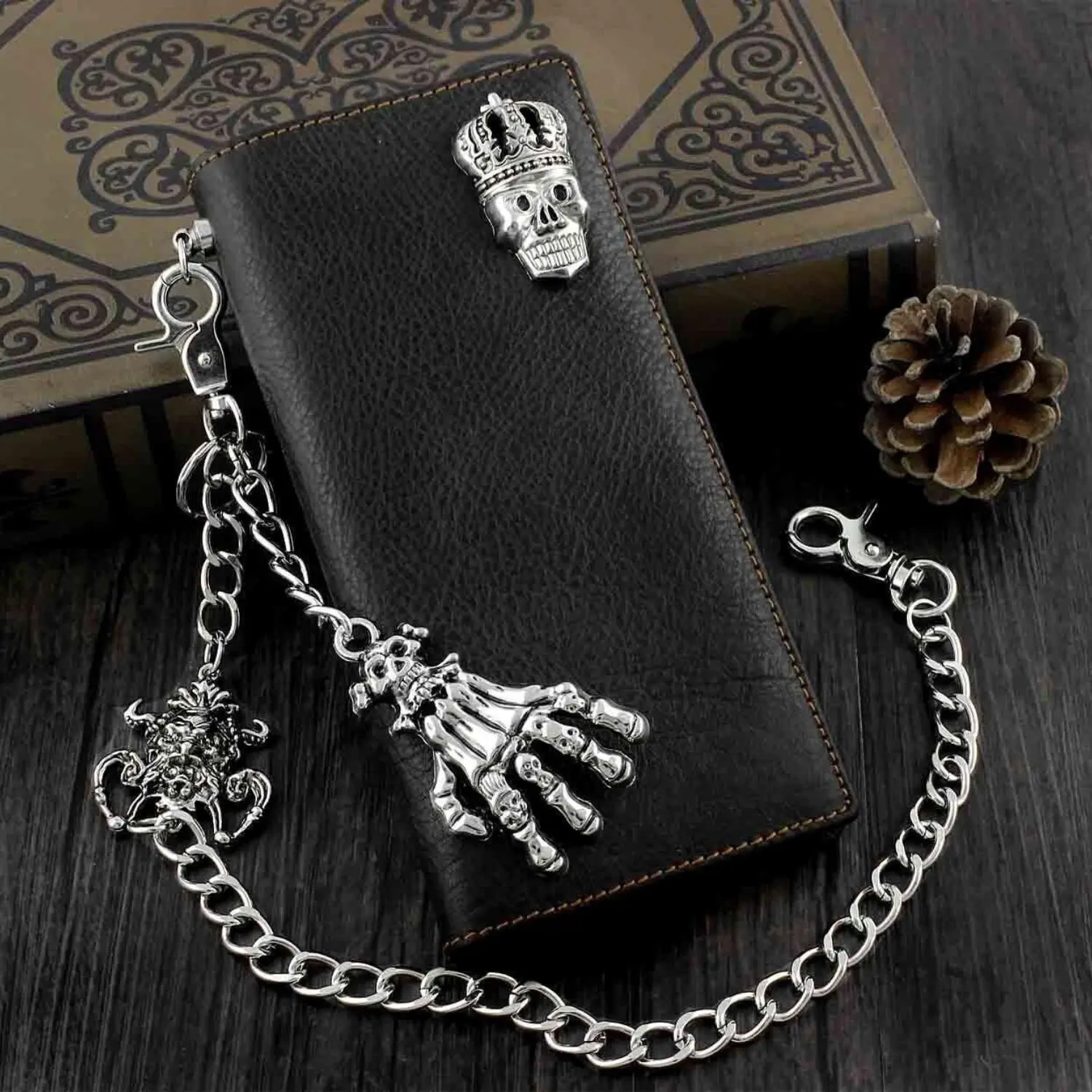 Men's Skull Biker Punk Fashionable Leather Long Wallet with Jeans Keychain, Fashionable Wallet, Exquisite Wallet