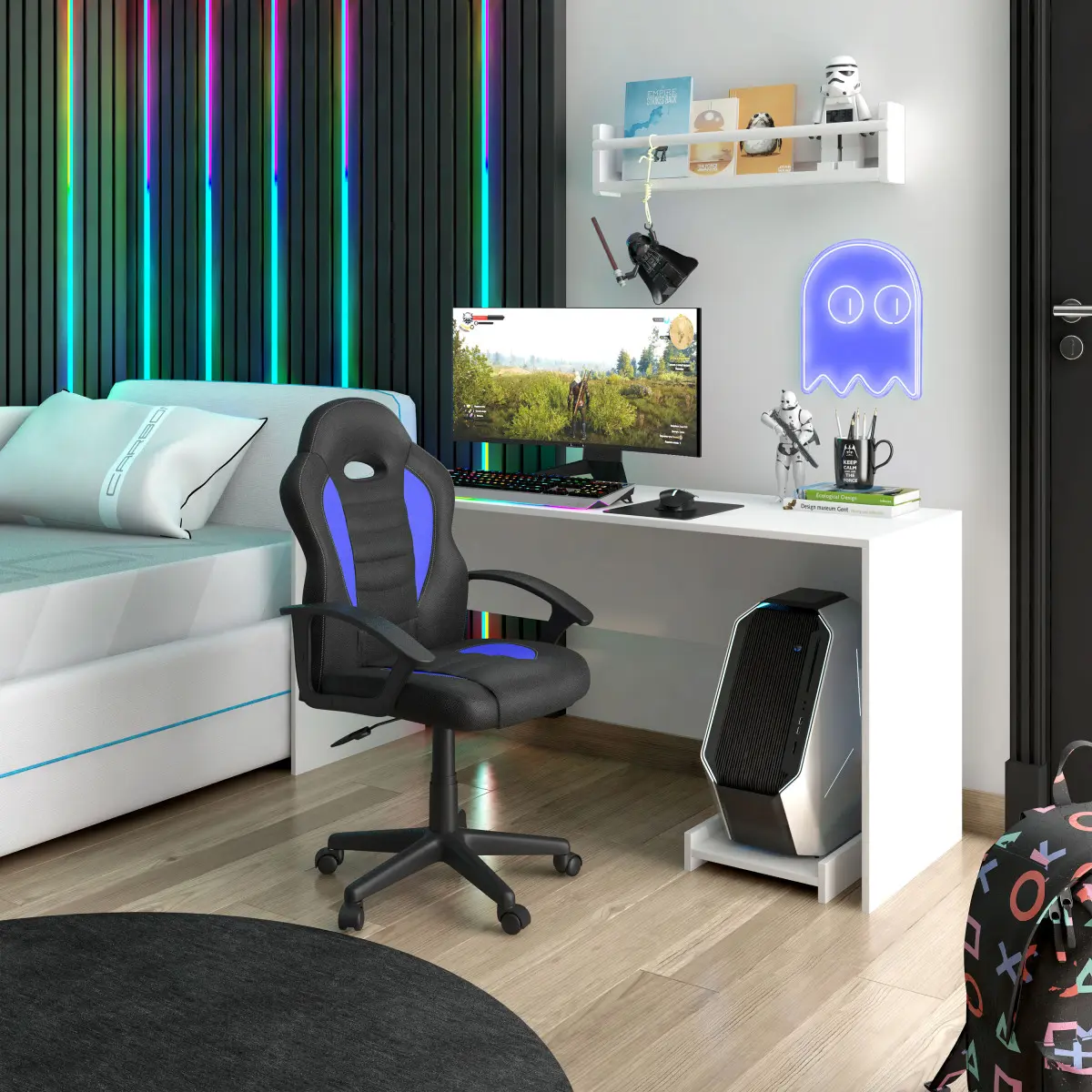 Kid's Gaming and Student Racer Chair with Wheels, Blue On-Site
